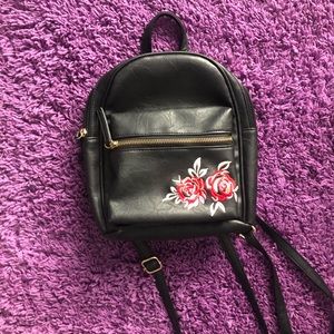Rose Embroidered Mini Backpack - Black